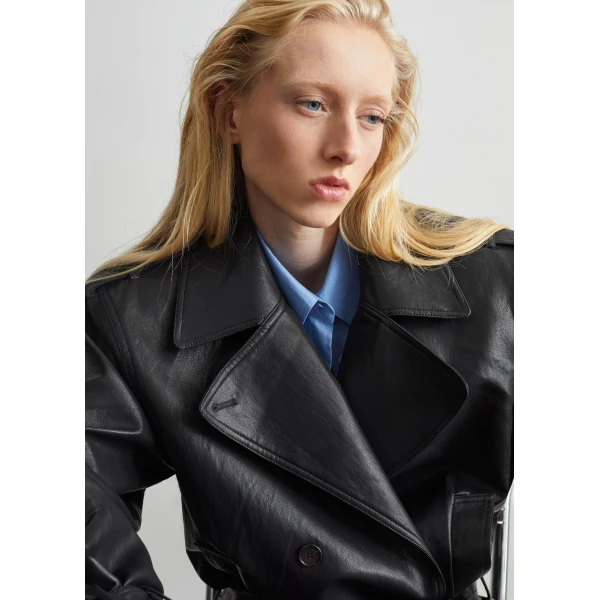 The Frankie Shop Limay Faux Leather Short Trench in Black, view 3