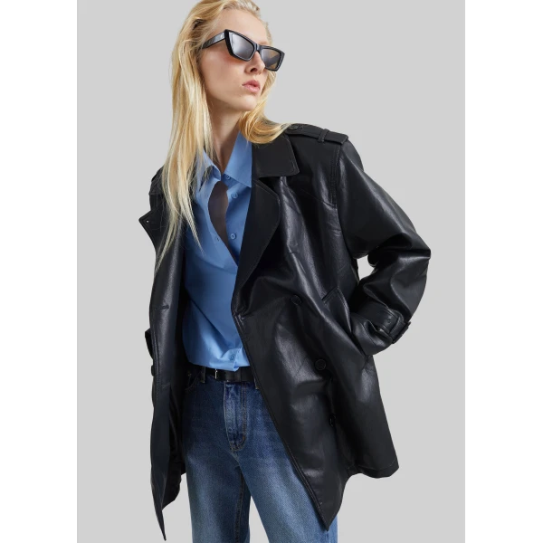 The Frankie Shop Limay Faux Leather Short Trench in Black, view 4