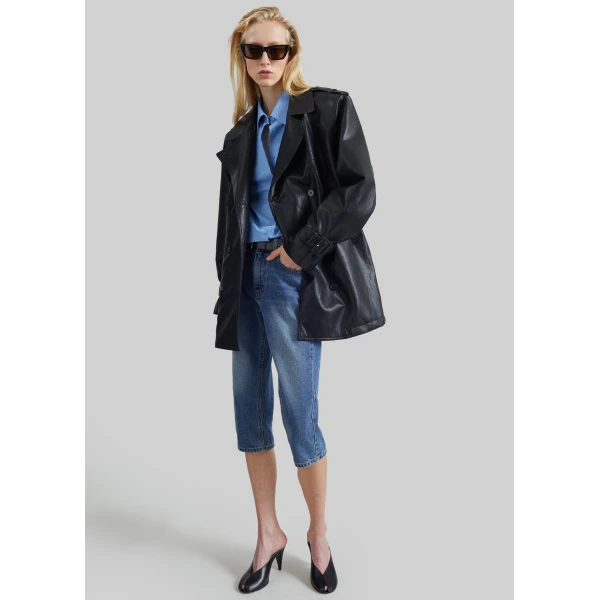 The Frankie Shop Limay Faux Leather Short Trench in Black, view 5
