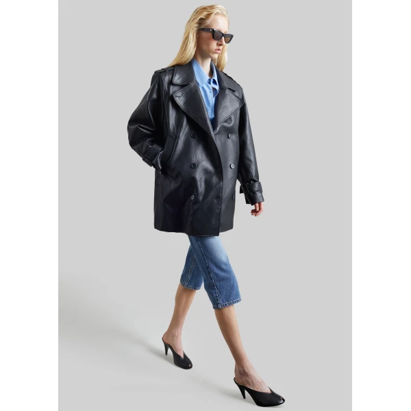 The Frankie Shop Limay Faux Leather Short Trench in Black, view 6