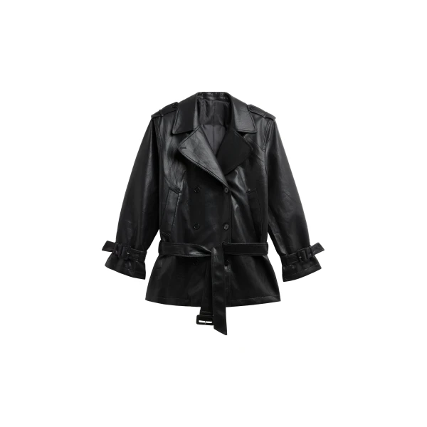 Limay Faux Leather Short Trench in Black