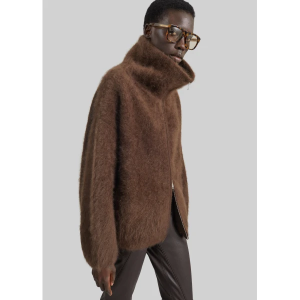 The Frankie Shop Lupa Fuzzy Zip-Up Cardigan in Brown, view 2