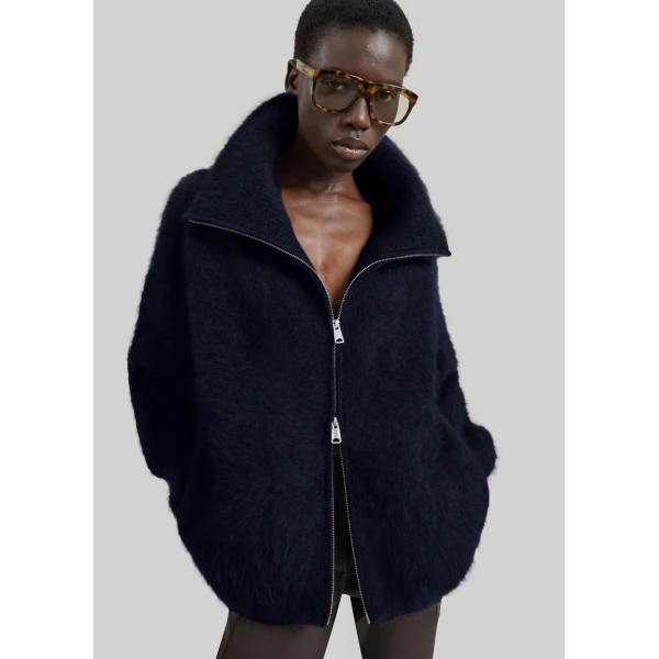 The Frankie Shop Lupa Fuzzy Zip-Up Cardigan in Navy, view 2