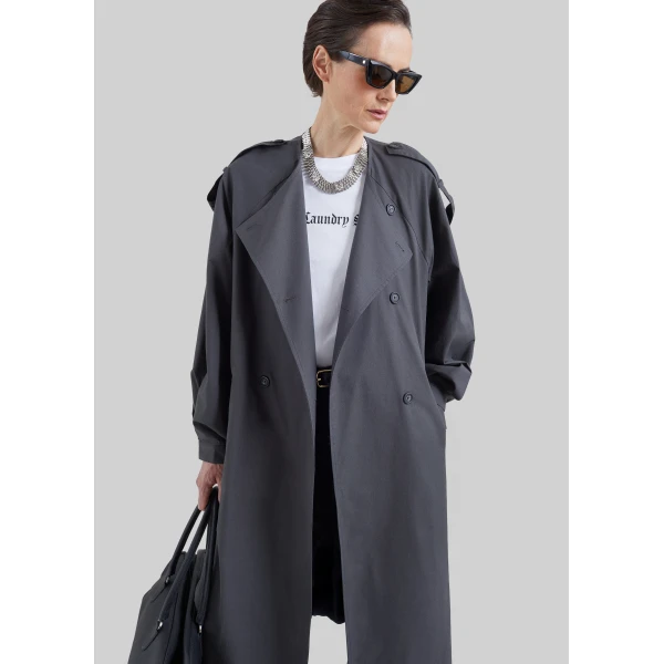 The Frankie Shop Mila Collarless Trench Coat in Charcoal, view 3