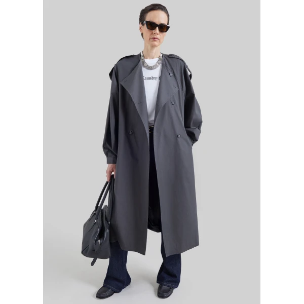 The Frankie Shop Mila Collarless Trench Coat in Charcoal, view 5