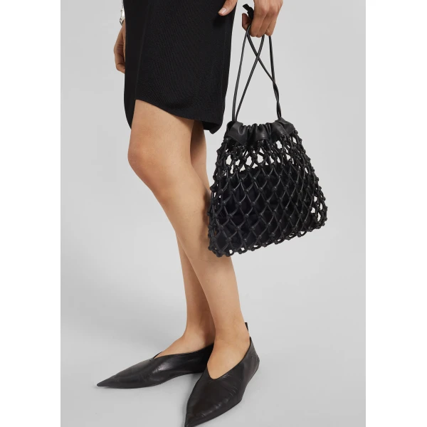 The Frankie Shop Morgan Leather Macrame Small Pouch in Black, view 3
