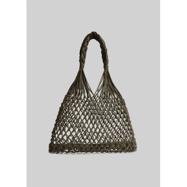 The Frankie Shop Naia Leather Macrame Bag in Olive Brown, view 4