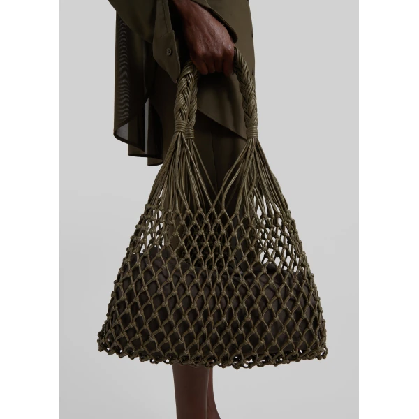 The Frankie Shop Naia Leather Macrame Bag in Olive Brown, view 5