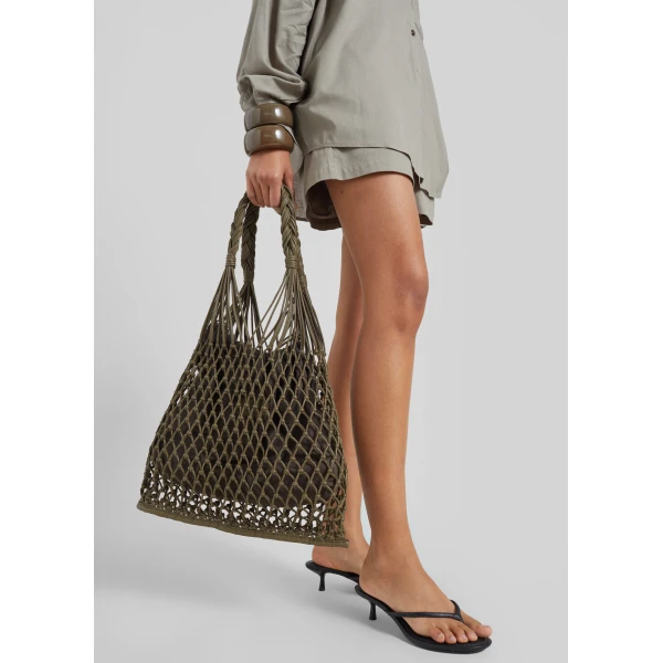 The Frankie Shop Naia Leather Macrame Bag in Olive Brown, view 6