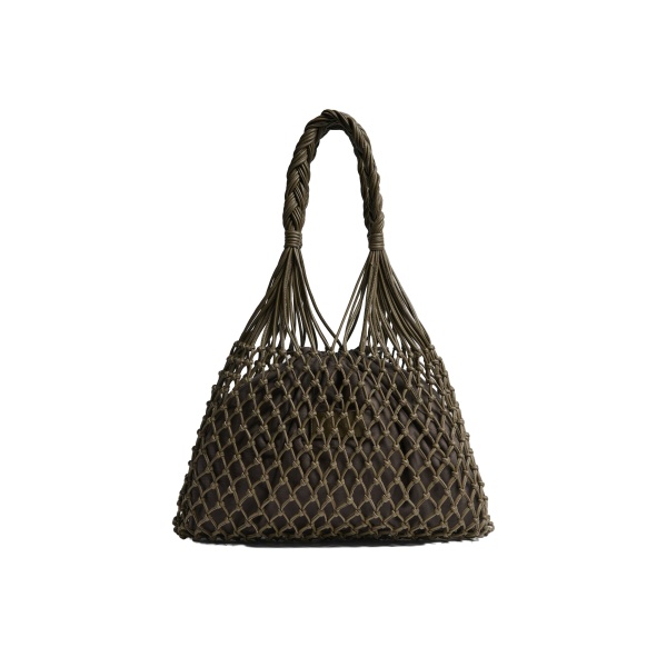 The Frankie Shop Naia Leather Macrame Bag in Olive Brown