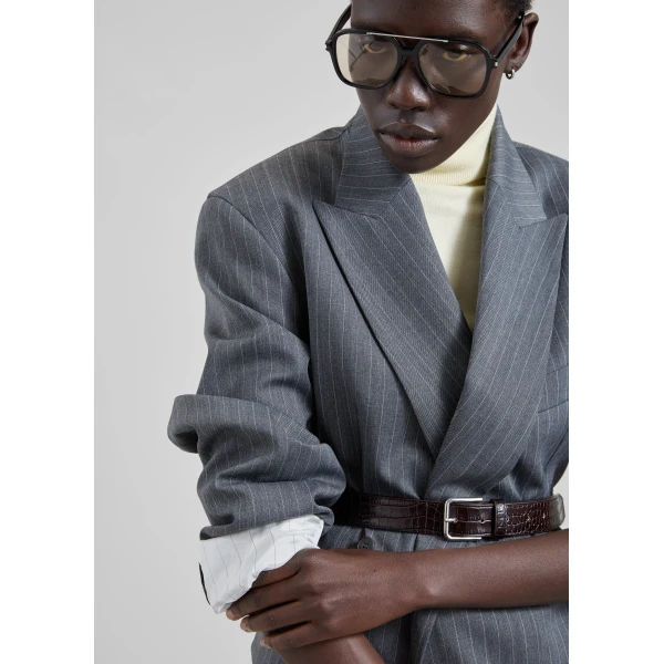 The Frankie Shop Newark Double Breasted Blazer in Grey and White Pinstripe, view 2