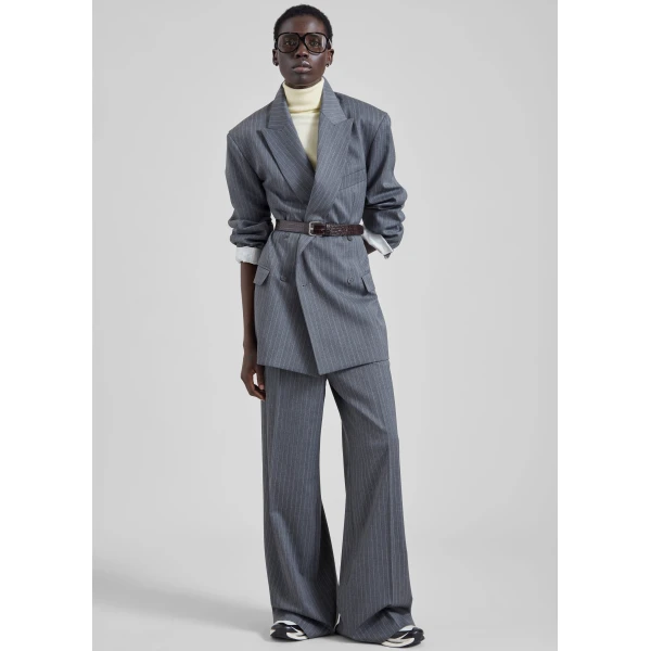 The Frankie Shop Newark Double Breasted Blazer in Grey and White Pinstripe, view 4