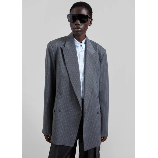 The Frankie Shop Newark Double Breasted Blazer in Grey and White Pinstripe, view 5