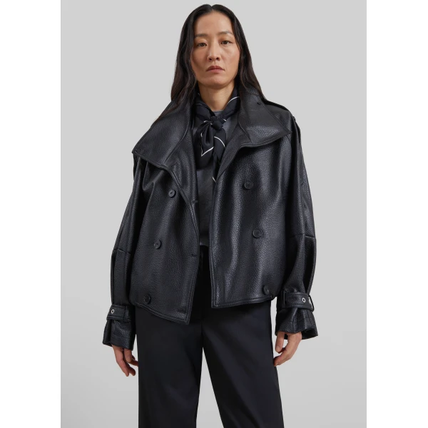 The Frankie Shop Rufina Double Breasted Faux Leather Jacket in Black, view 2