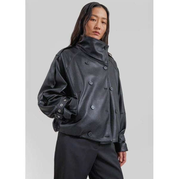 The Frankie Shop Rufina Double Breasted Faux Leather Jacket in Black, view 3