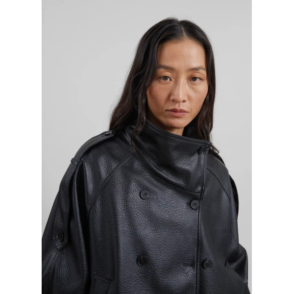 The Frankie Shop Rufina Double Breasted Faux Leather Jacket in Black, view 5