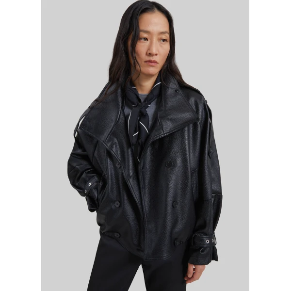 The Frankie Shop Rufina Double Breasted Faux Leather Jacket in Black, view 6