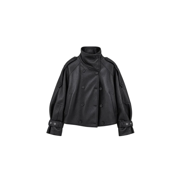 Rufina Double Breasted Faux Leather Jacket in Black