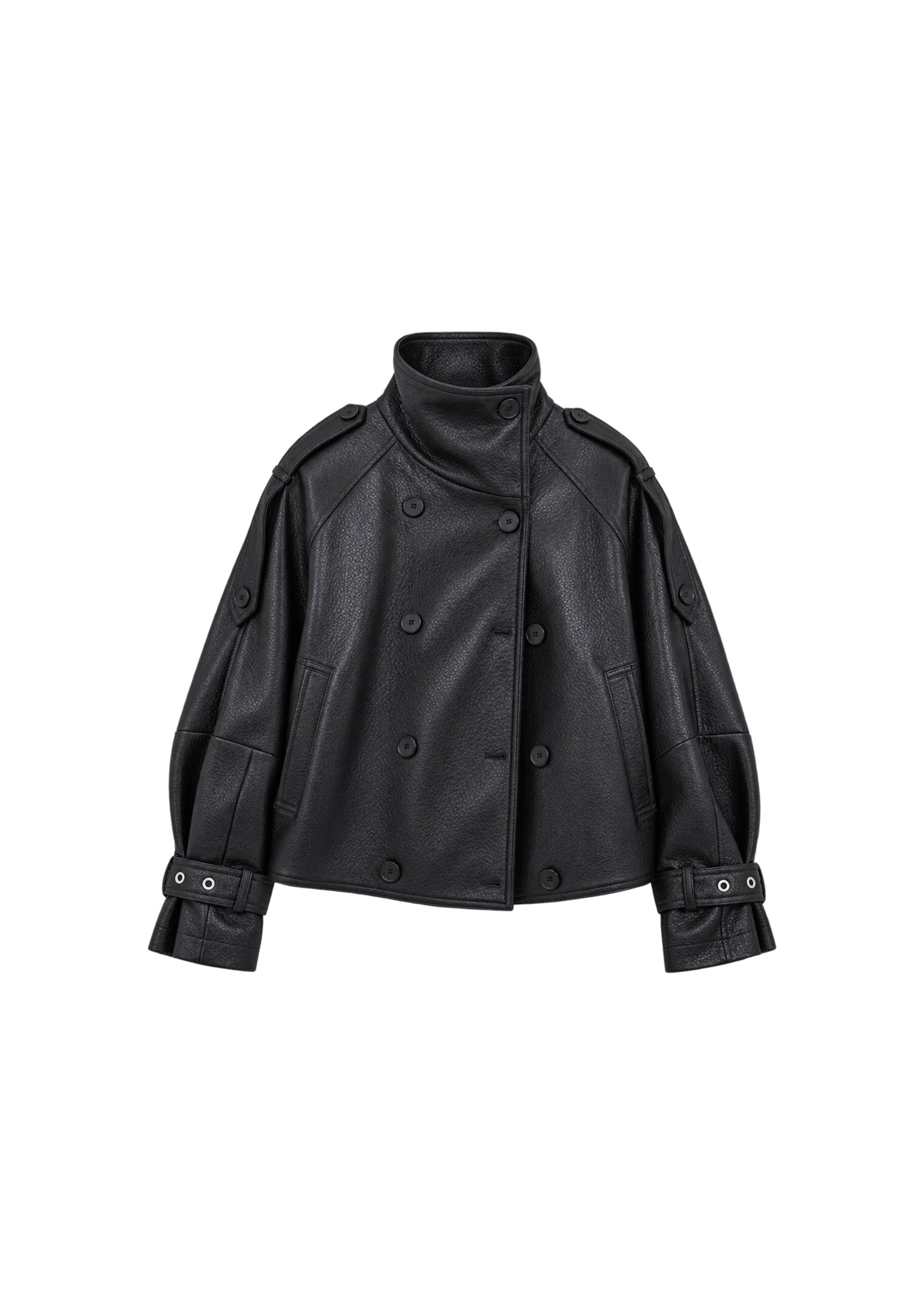 The Frankie Shop Rufina Double Breasted Faux Leather Jacket in Black | Jackets | Coveti The Frankie Shop Rufina Double Breasted Faux Leather Jacket in Black
