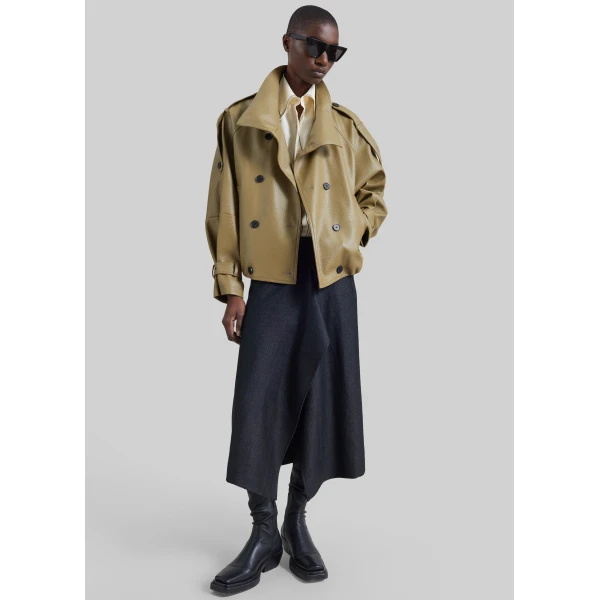 The Frankie Shop Rufina Double Breasted Faux Leather Jacket in Pale Olive, view 2