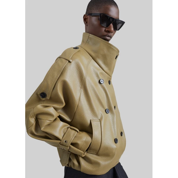 The Frankie Shop Rufina Double Breasted Faux Leather Jacket in Pale Olive, view 3