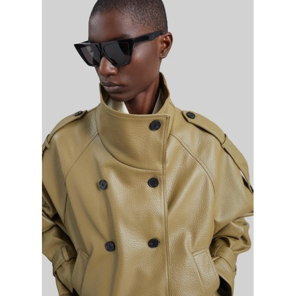The Frankie Shop Rufina Double Breasted Faux Leather Jacket in Pale Olive, view 4