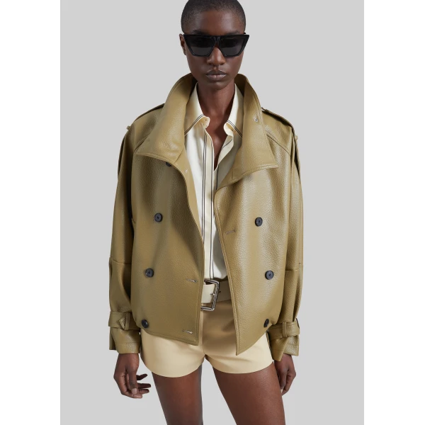 The Frankie Shop Rufina Double Breasted Faux Leather Jacket in Pale Olive, view 5