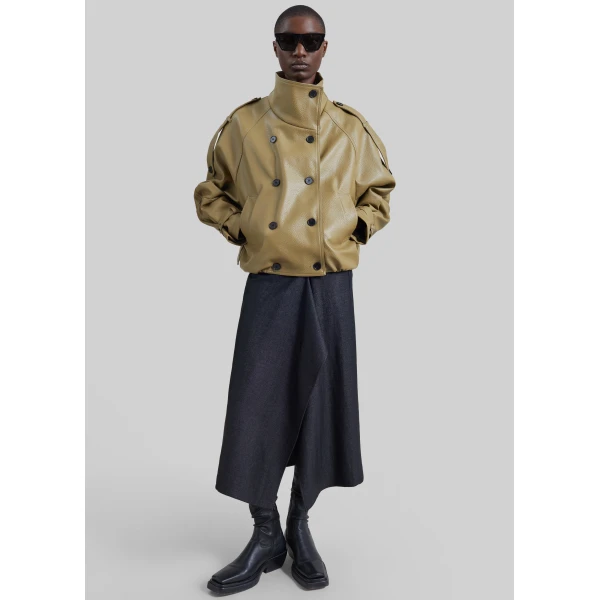 The Frankie Shop Rufina Double Breasted Faux Leather Jacket in Pale Olive, view 6