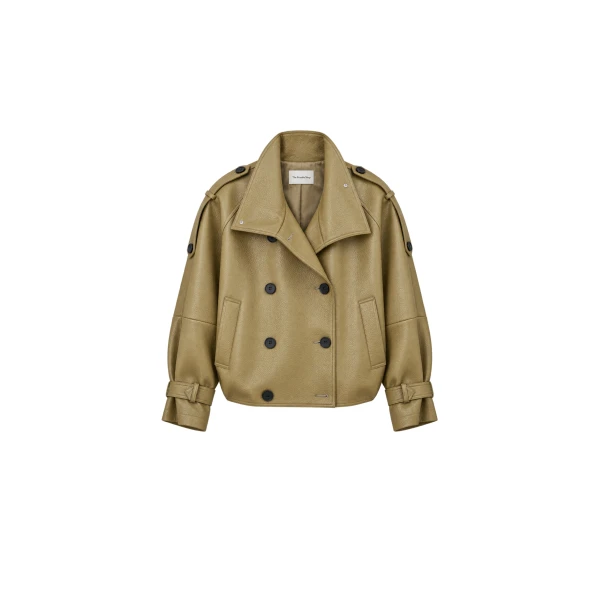 Rufina Double Breasted Faux Leather Jacket in Pale Olive