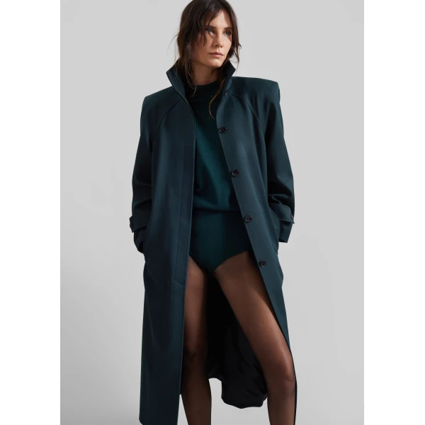 The Frankie Shop Skye Padded Trench Coat in Bottle Green, view 3