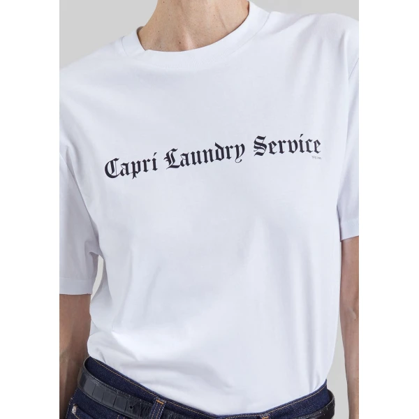 The Frankie Shop TFS Capri Laundry Service T-Shirt in White and Black, view 3