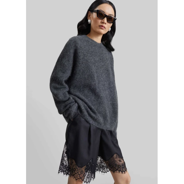 The Frankie Shop Timea Mohair Fuzzy Sweater in Dark Grey, view 5