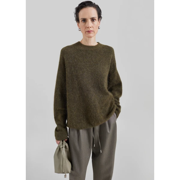 The Frankie Shop Timea Mohair Fuzzy Sweater in Dark Olive, view 3