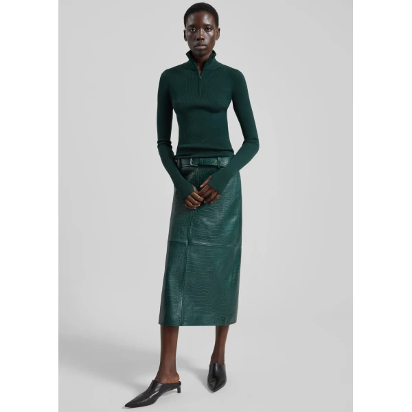 The Frankie Shop Toni Croc Leather Belt in Bottle Green, view 3