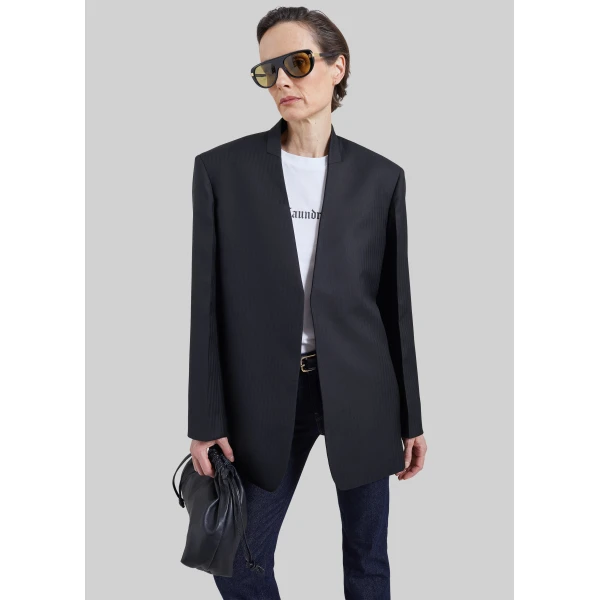 The Frankie Shop Trevis Chevron Collarless Blazer in Black, view 3