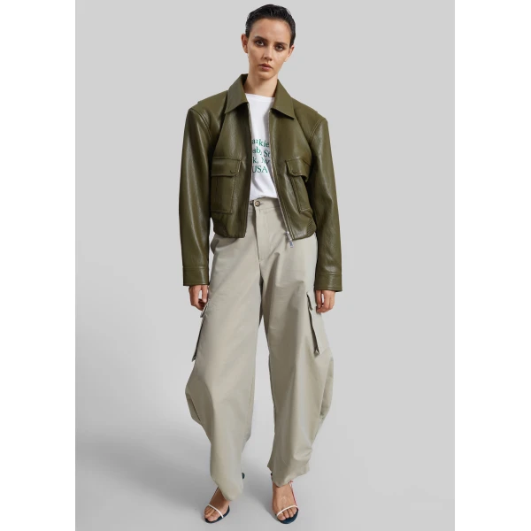 The Frankie Shop Val Faux Leather Padded Jacket in Army Green, view 3