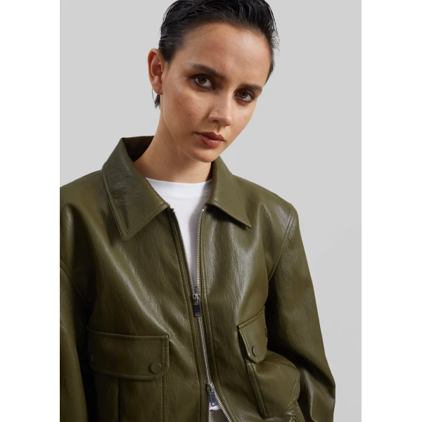 The Frankie Shop Val Faux Leather Padded Jacket in Army Green, view 4