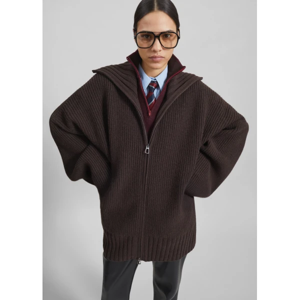 The Frankie Shop Veda Oversized Zip-Up Cardigan in Brown, view 2