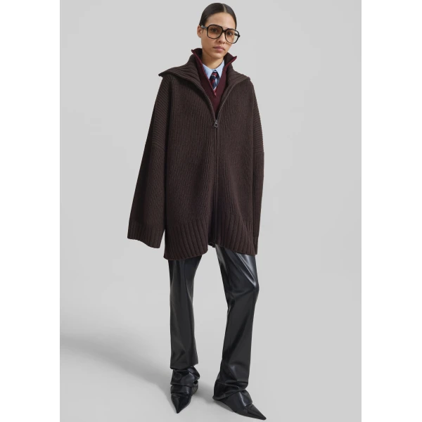 The Frankie Shop Veda Oversized Zip-Up Cardigan in Brown, view 3
