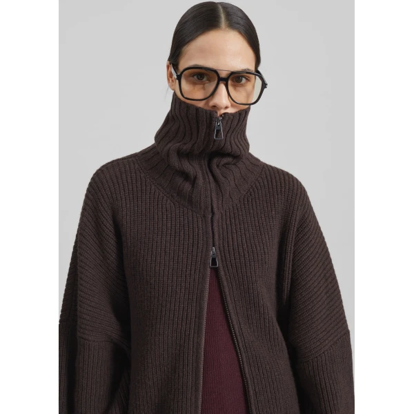 The Frankie Shop Veda Oversized Zip-Up Cardigan in Brown, view 4
