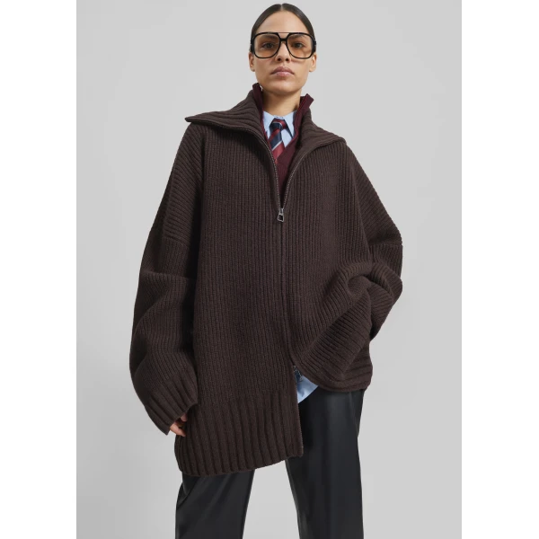 The Frankie Shop Veda Oversized Zip-Up Cardigan in Brown, view 5