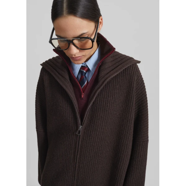 The Frankie Shop Veda Oversized Zip-Up Cardigan in Brown, view 6