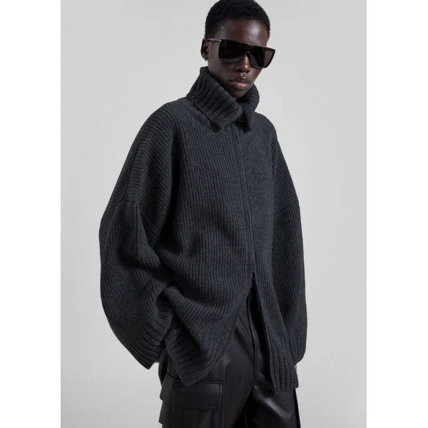 The Frankie Shop Veda Oversized Zip-Up Cardigan in Charcoal, view 2