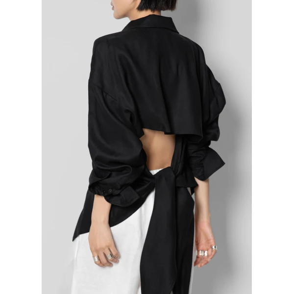 The Frankie Shop Velia Cut-Out Back Shirt in Black, view 2