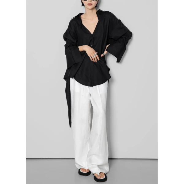The Frankie Shop Velia Cut-Out Back Shirt in Black, view 4