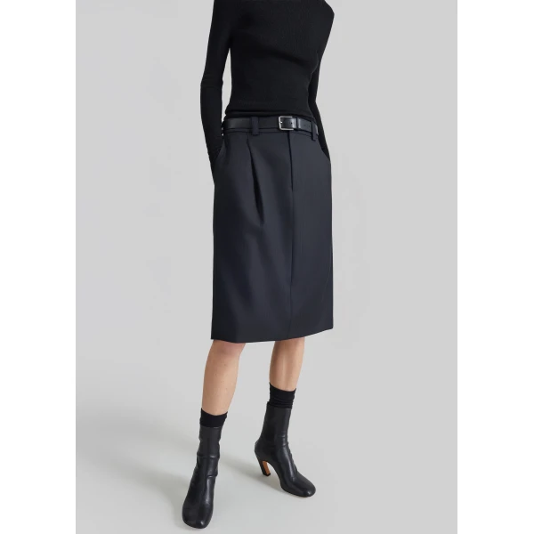 The Frankie Shop Viviana Chevron Tailored Midi Skirt in Black, view 3