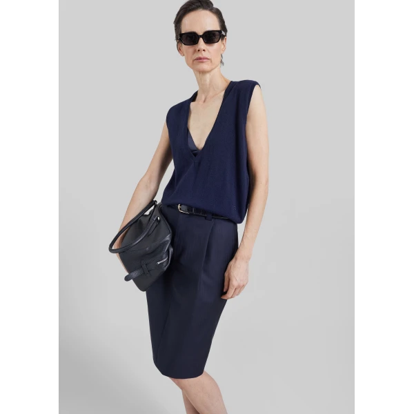 The Frankie Shop Viviana Chevron Tailored Midi Skirt in Dark Navy, view 3