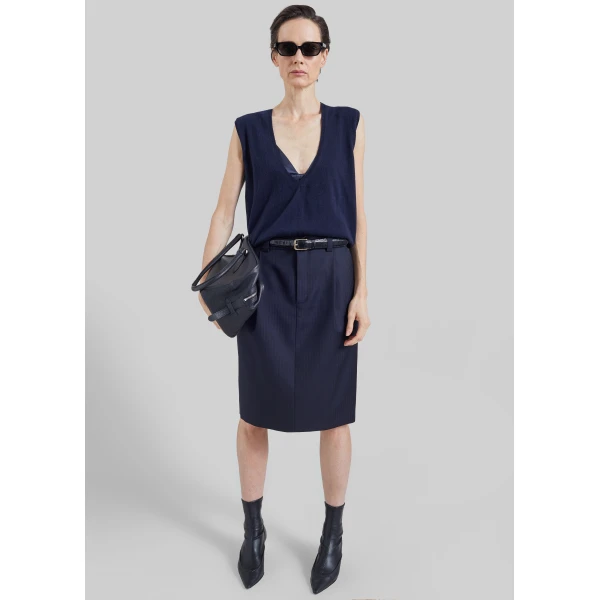 The Frankie Shop Viviana Chevron Tailored Midi Skirt in Dark Navy, view 5