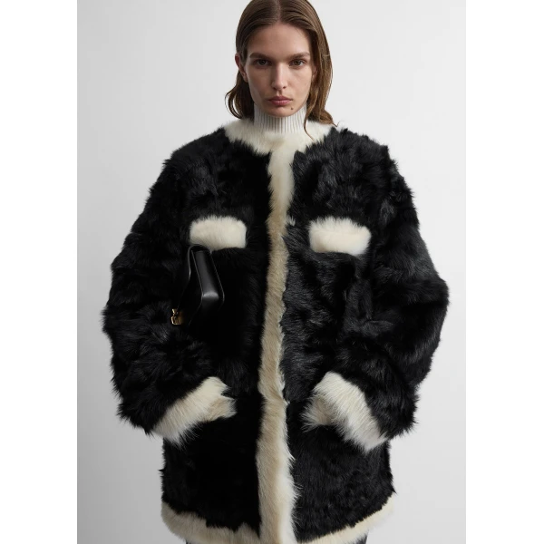 Toteme Silky shearling pocket jacket in Black / Natural, view 5
