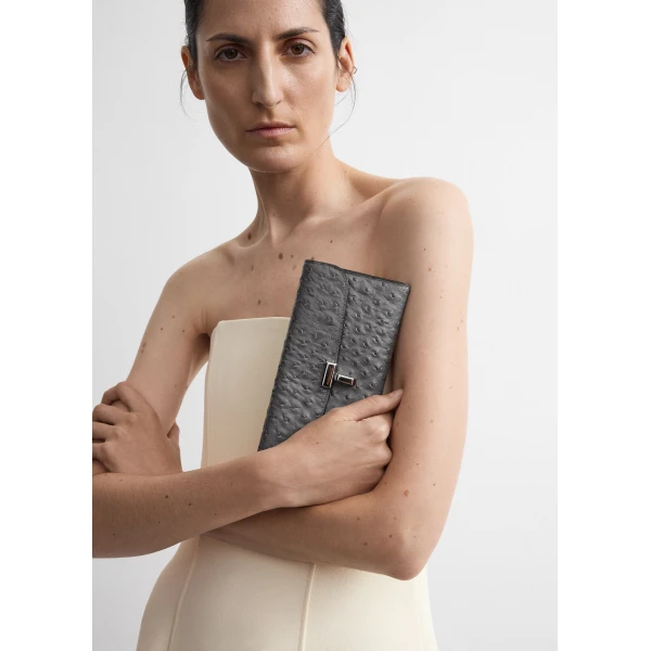 Toteme T-Lock ostrich-embossed wallet in Grey, view 2